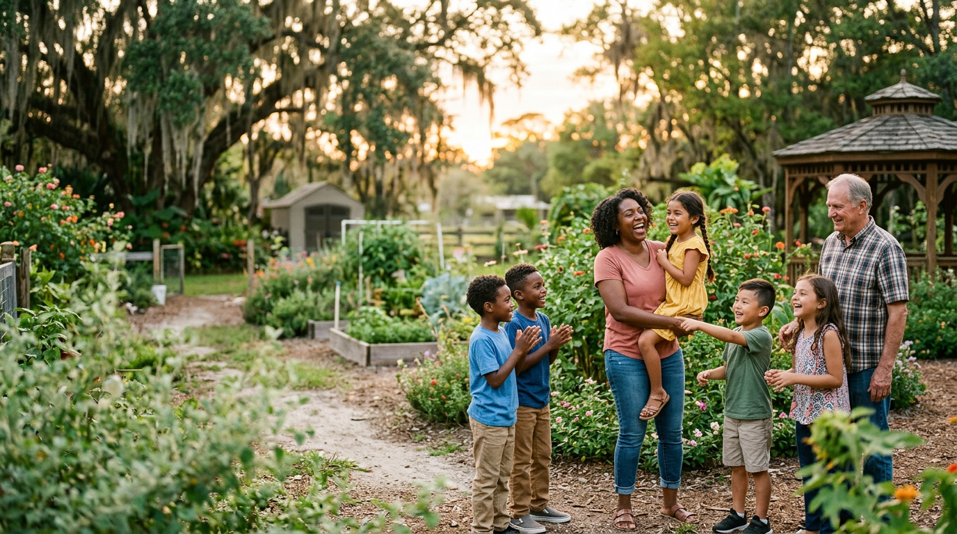 Children and caregivers sharing a joyful moment outdoors